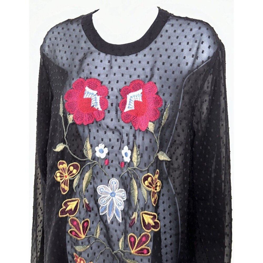 Grace Elements Sz XL Floral Embroidered Swiss Dot Black Top Sheer L/S EUC